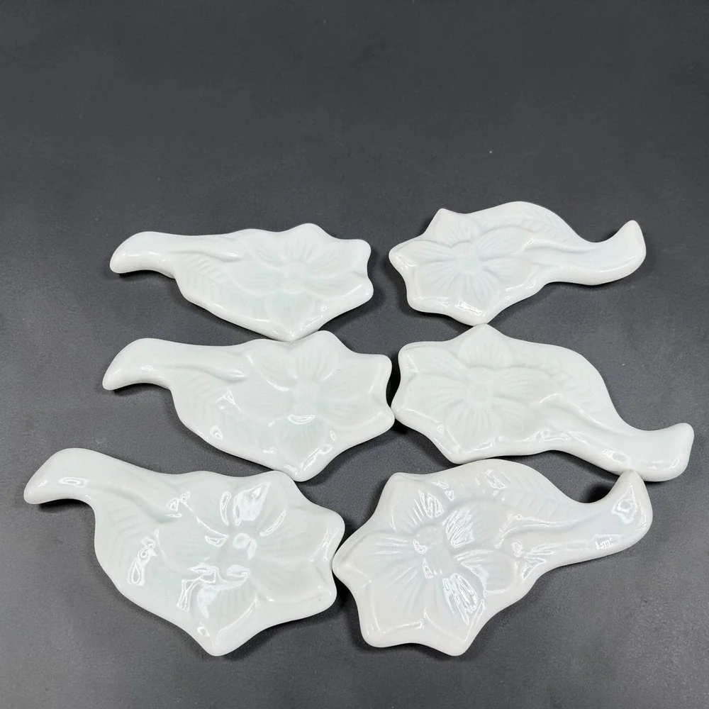 Vintage White Porcelain Floral Chopstick Rests Set of 6 Embossed Flower Leaf VTG